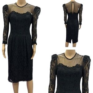 Vintage 80s Nancy Johnson Black Lace Overlay 3 Quarter Sleeve Dress Womens 10